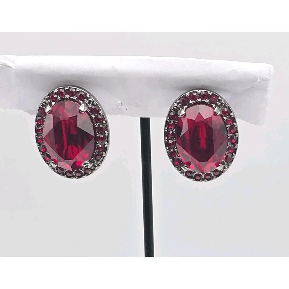 VTG SWAROVSKI Earrings Austrian Crystal Wine Red Gunmetal‎ Grey Clip-Ons Signed
